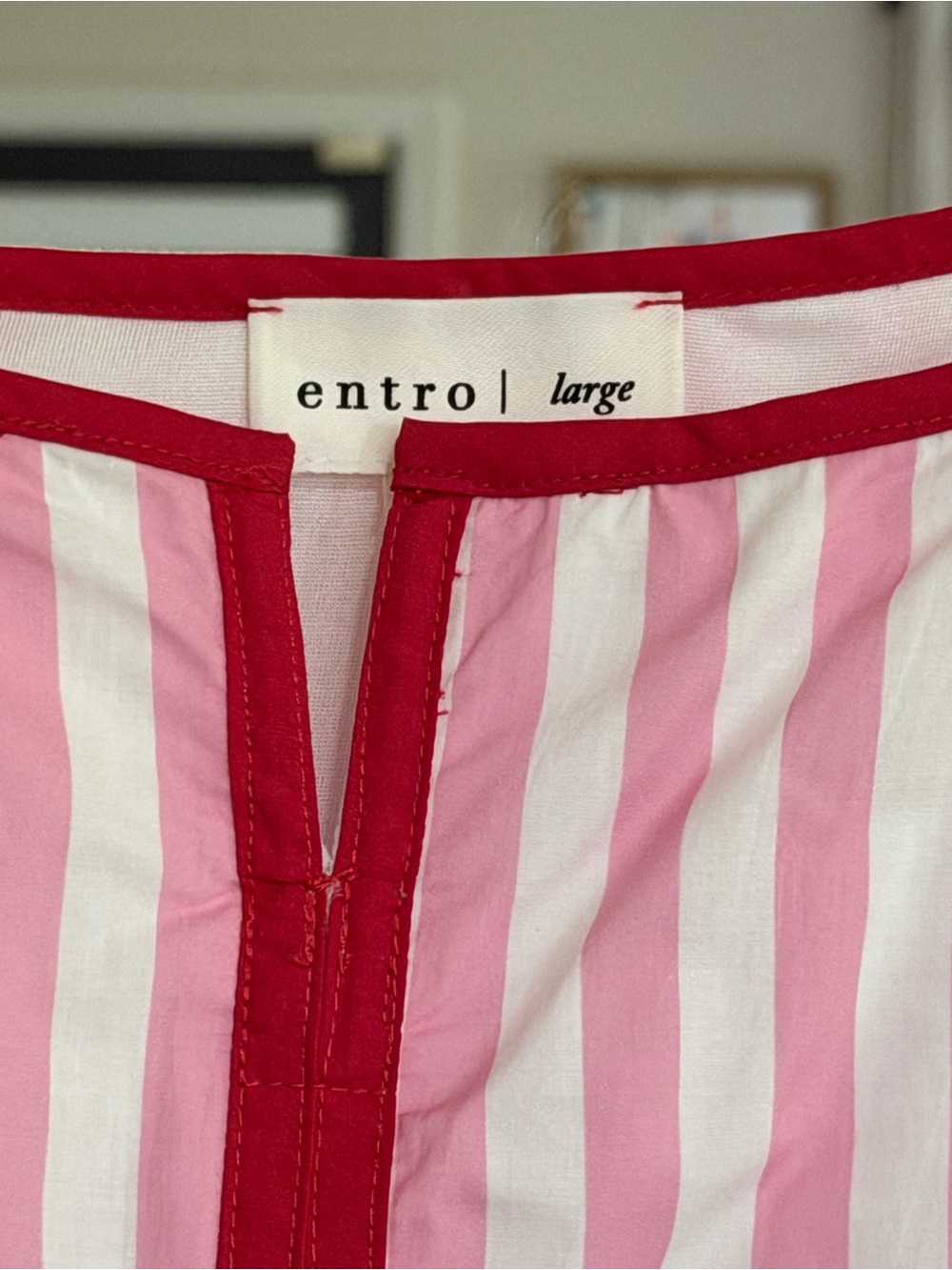 NWOT entro Pink and White Vertical Stripe Top with Red Trim - Picture 3 of 5
